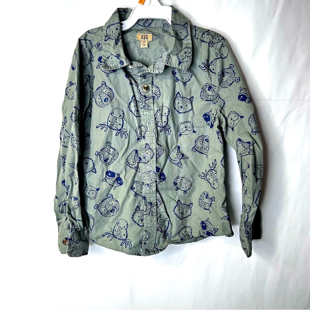 Maximos REX Kids Green Animal Print Shirt Long Sleeve Button Up Size 4T